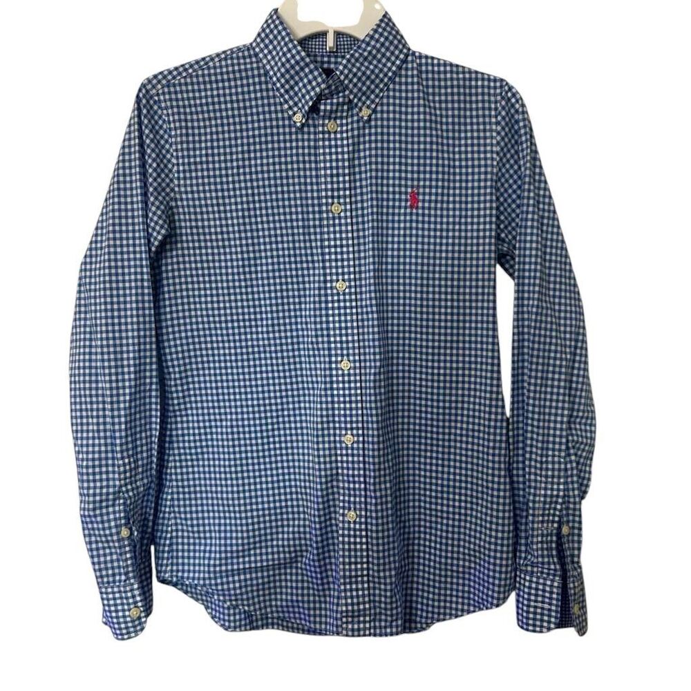 Ralph Lauren Button Up Checkered Shirt Boys Large Blue White Fit Long Sleeve